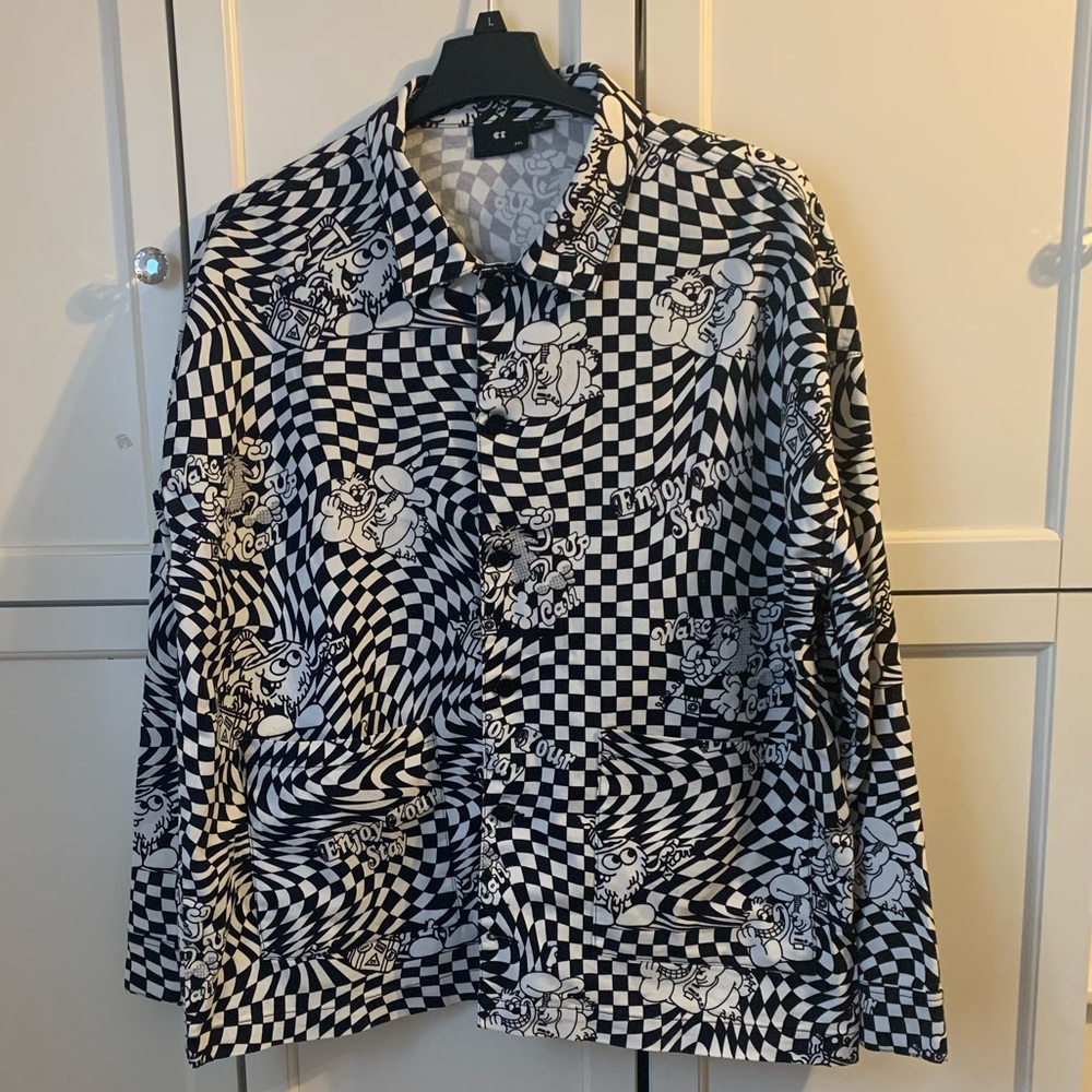 Lazy Oaf Enjoy Your Stay Chore Black White Checkered Jacket XXL